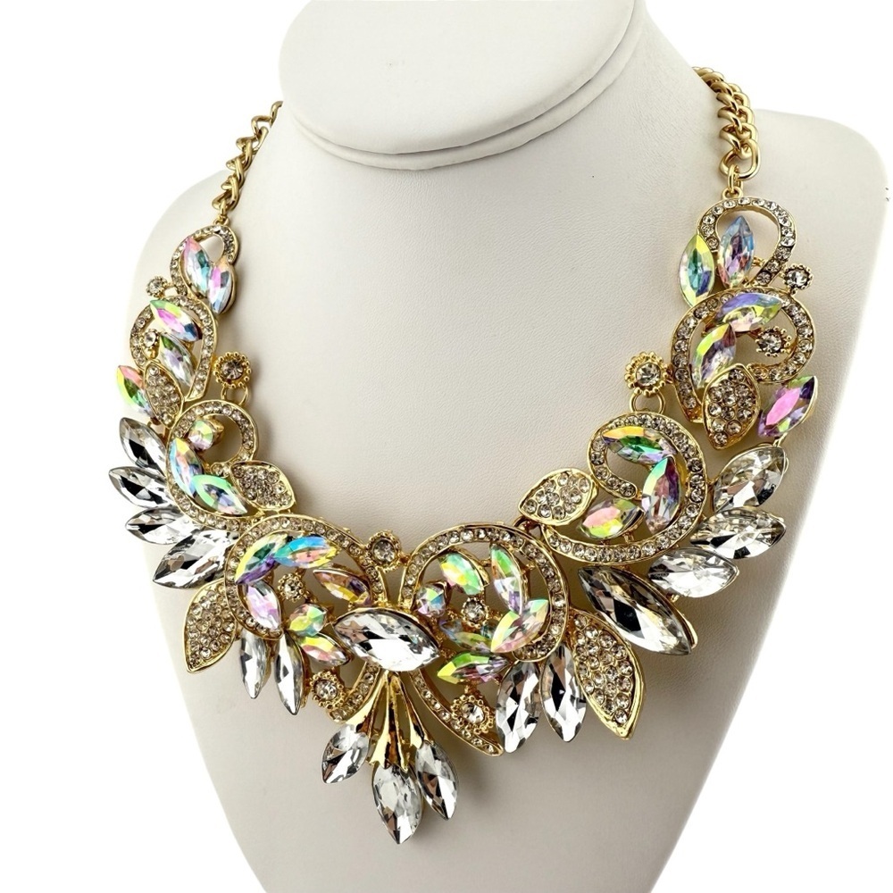 Elegant Iridescent Gold Tone Crystal Statement Necklace - Picture 3 of 12